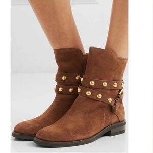 LIKE NEW CHLOE Janis Studded Moto Boots Booties in Brown Suede